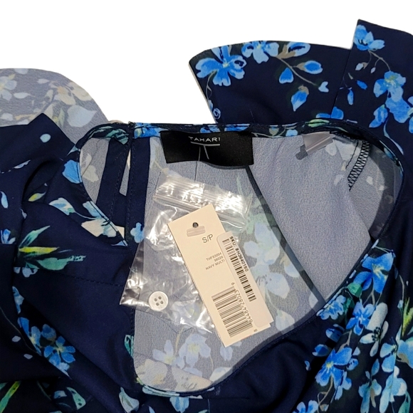 T Tahari Womens Navy Floral Print Ruffled Blouse T - Picture 3 of 7